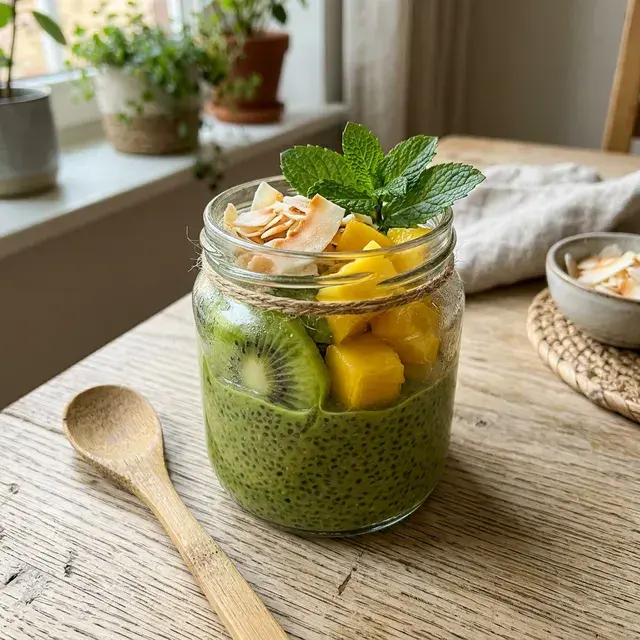 KI-generiertes Symbolbild: Glutenfreier Matcha-Chia-Pudding mit Kiwi und Kokos