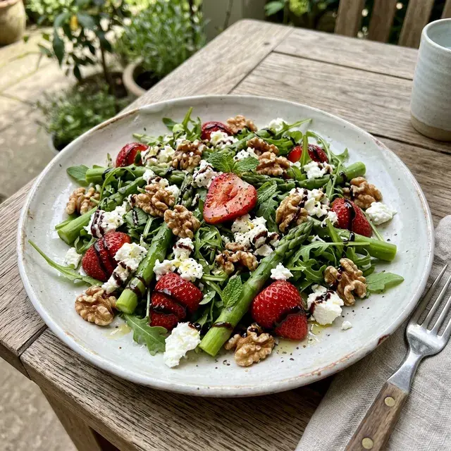 KI-generiertes Symbolbild: Keto frühlingshafter, grüner Spargelsalat mit Erdbeeren und Walnüssen