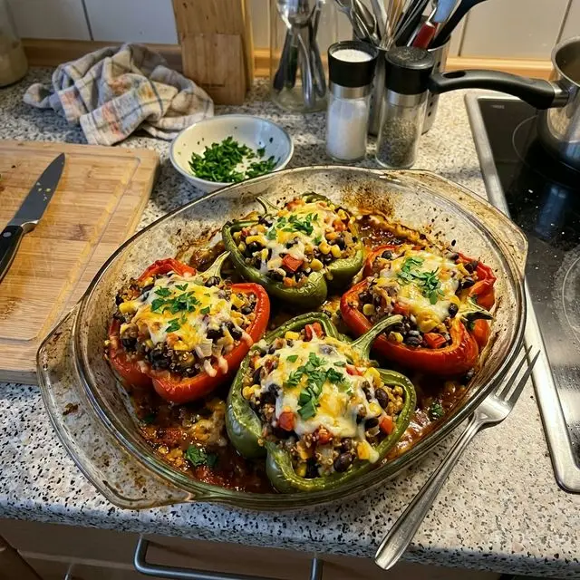 KI-generiertes Symbolbild: Gefüllte Paprika mit Quinoa und schwarzen Bohnen