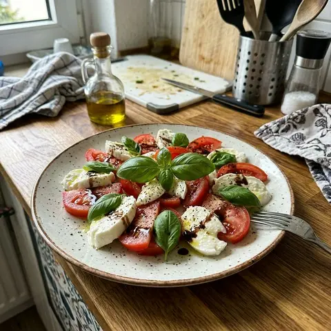 KI-generiertes Symbolbild: Rezept für Frischer Mozzarella-Tomaten-Salat mit Basilikum