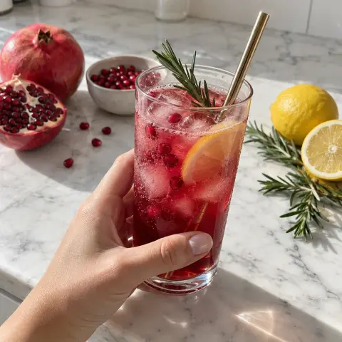 KI-generiertes Symbolbild: Säfte und Vegan Rezept für Alkoholfreier Granatapfel-Spritz mit Rosmarin und Zitrone