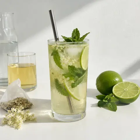 KI-generiertes Symbolbild: Rezept für Alkoholfreier Hugo mit Holunderblüten, Limette und Minze