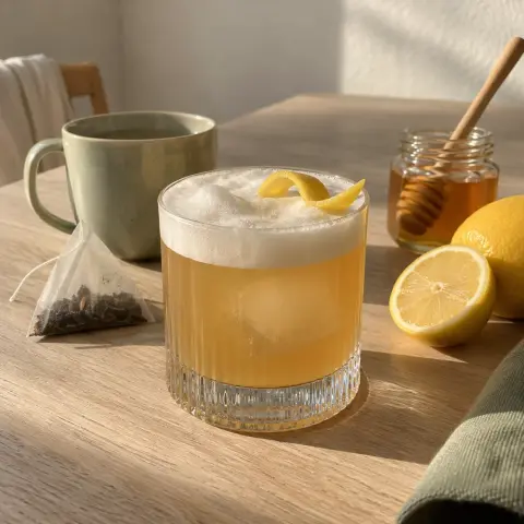 KI-generiertes Symbolbild: Rezept für Alkoholfreier Whiskey Sour mit Earl Grey und Honig