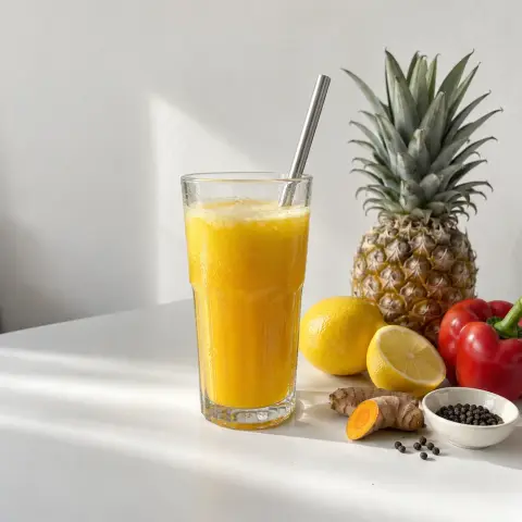 KI-generiertes Symbolbild: Rezept für Veganer Ananas-Kurkuma-Saft mit Paprika