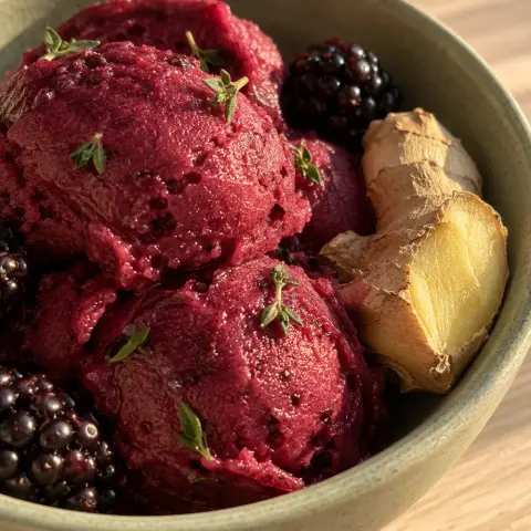 KI-generiertes Symbolbild: Rezept für Glutenfreies Brombeer-Ingwer-Sorbet mit Thymian
