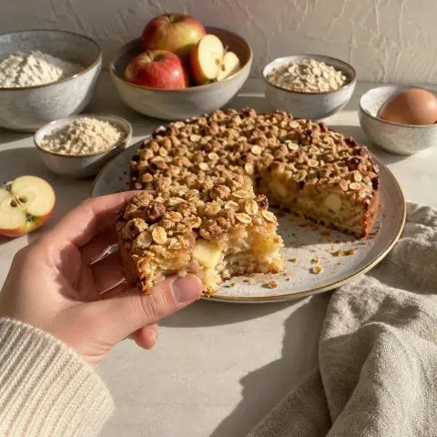 KI-generiertes Symbolbild: Rezept für Apfel-Streuselkuchen aus dem Airfryer mit Haferstreuseln