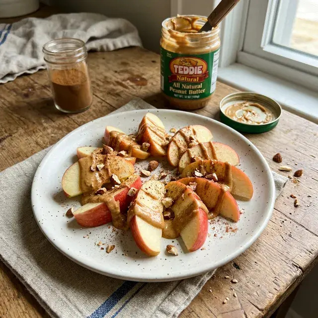 KI-generiertes Symbolbild: Glutenfreie Apfelspalten mit Erdnussbutter und Zimt