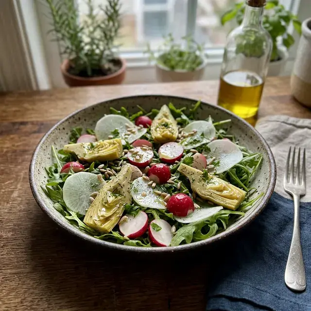 KI-generiertes Symbolbild: Veganer Artischocken-Rettich-Salat mit Rucola