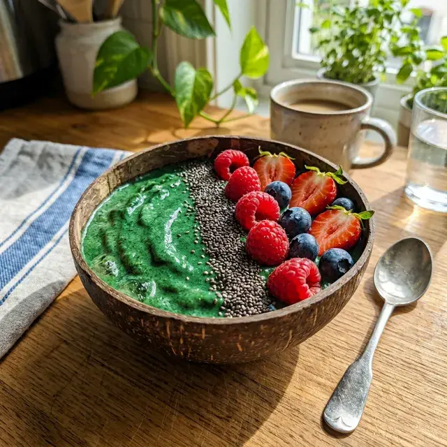 KI-generiertes Symbolbild: Vegane Spirulina-Smoothie-Bowl