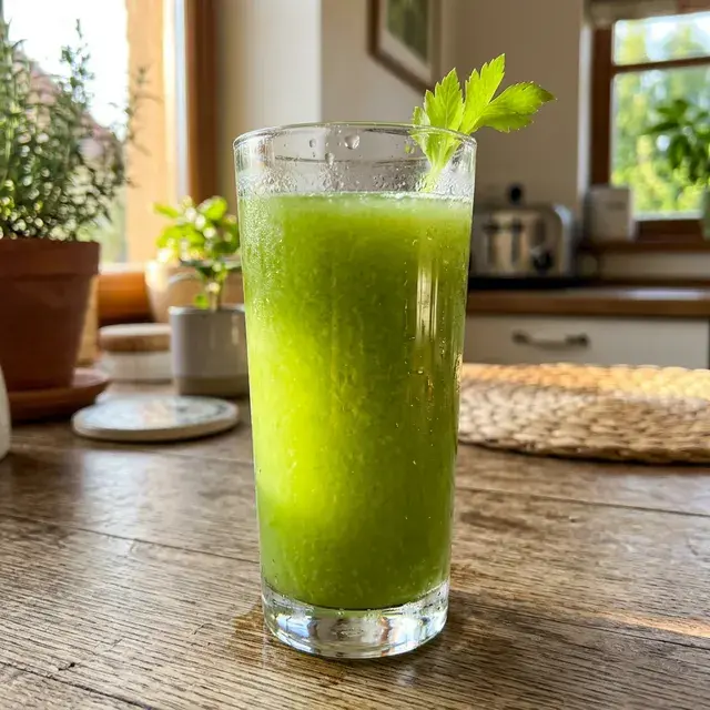 KI-generiertes Symbolbild: Veganer grüner Sellerie-Saft mit Apfel