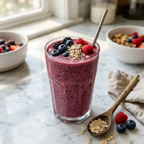 KI-generiertes Symbolbild: Rezept für Beeren-Protein-Smoothie mit Haferflocken