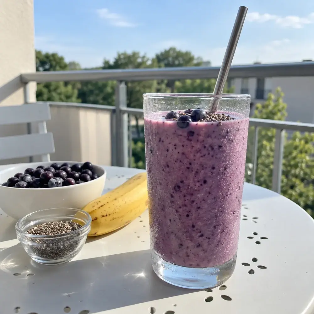 KI-generiertes Symbolbild: Kefir-Heidelbeer-Smoothie mit Chiasamen