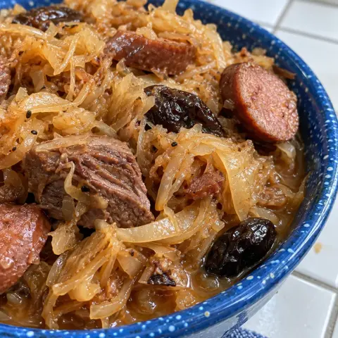 KI-generiertes Symbolbild: Abendessen und Familienfreundlich Rezept für Bigos ohne Schweinefleisch mit Rind und Pflaumen