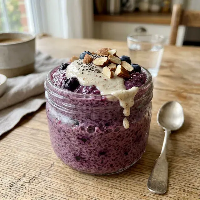 KI-generiertes Symbolbild: Blaubeer-Chia-Pudding mit Mandelmus