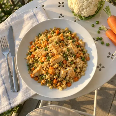 KI-generiertes Symbolbild: Omega-3 & Gemüse und Blue-Zones-Prinzip Rezept für Blumenkohl-Reis Nasi Goreng mit Hähnchen