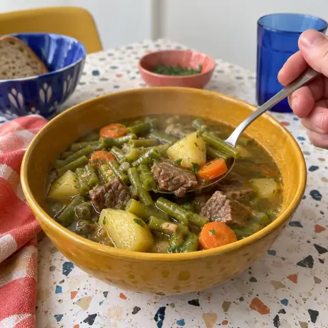 KI-generiertes Symbolbild: Rezept für Bohneneintopf mit Rindfleisch und Kartoffeln