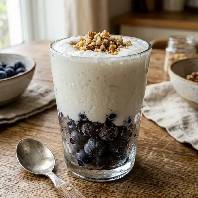 KI-generiertes Symbolbild: Blaubeer-Walnuss-Kefir mit Leinsamen