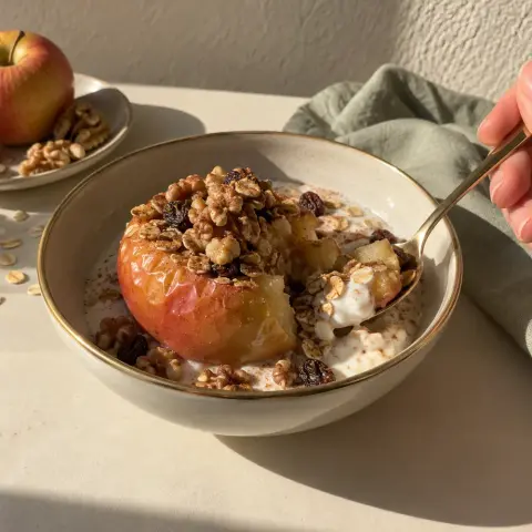 KI-generiertes Symbolbild: Rezept für Bratäpfel mit Walnuss-Hafer-Füllung und Zimt-Joghurt