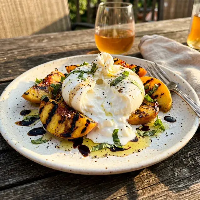 KI-generiertes Symbolbild: Low-Carb Burrata mit Röstpfirsichen und Basilikum