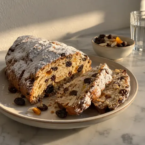 KI-generiertes Symbolbild: Rezept für Butterstollen mit Rosinen, Mandeln und Orangenschale