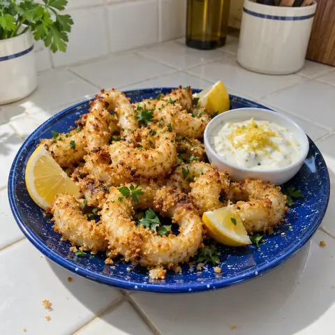 KI-generiertes Symbolbild: Sättigend und Nährstoffdicht Rezept für Calamari aus dem Airfryer mit Zitronen-Joghurt-Dip