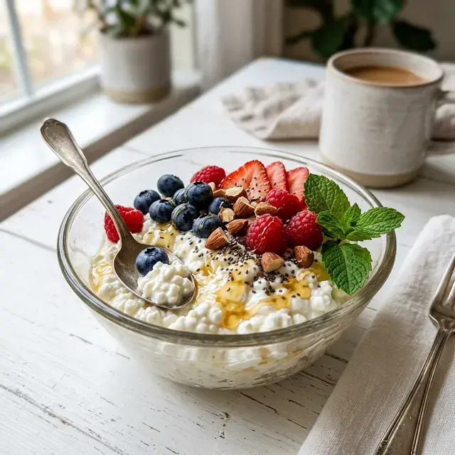 KI-generiertes Symbolbild: High-Protein Hüttenkäse-Bowl mit Beeren und Nüssen