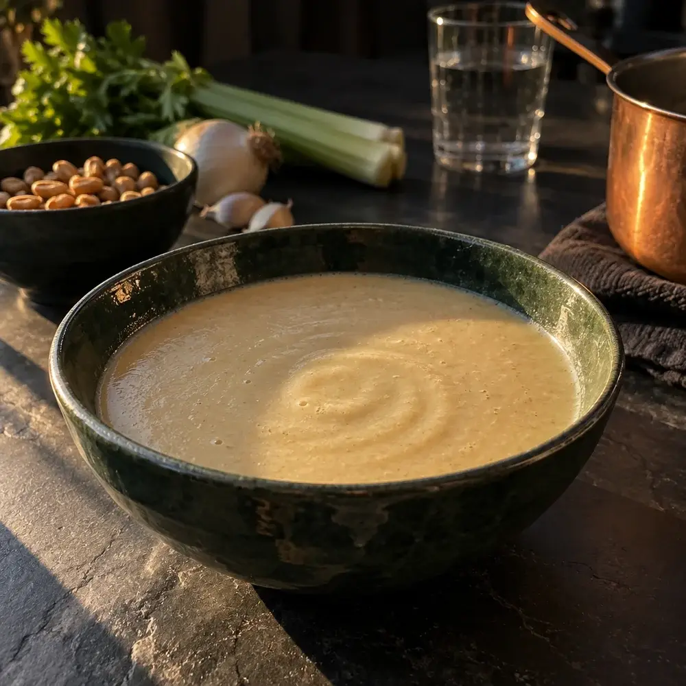 KI-generiertes Symbolbild: Vegane Erdnuss-Sellerie-Suppe