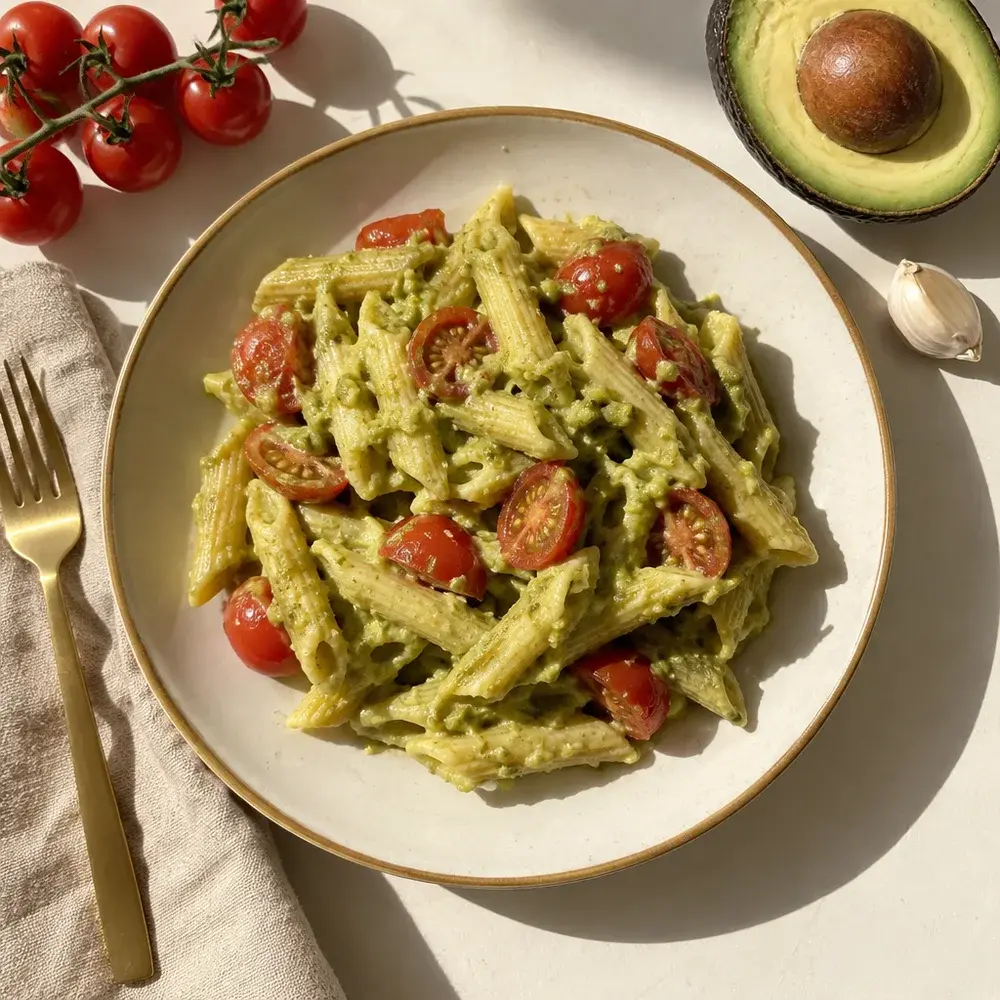 KI-generiertes Symbolbild: Glutenfreie Kichererbsen-Pasta mit Avocado-Pesto