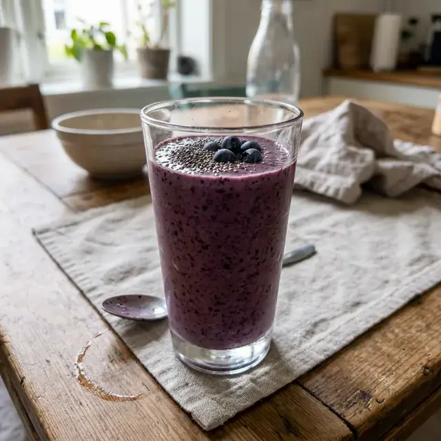 KI-generiertes Symbolbild: Veganer cremiger Heidelbeer-Avocado-Smoothie
