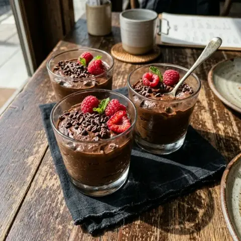KI-generiertes Symbolbild: Rezept für Cremiges Avocado-Schoko-Mousse mit rohem Kakao