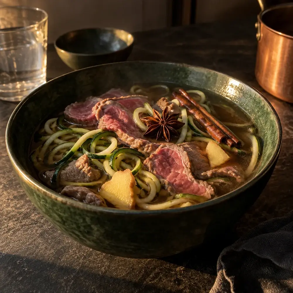 KI-generiertes Symbolbild: Knochenbrühe-Pho mit Rinderfilet
