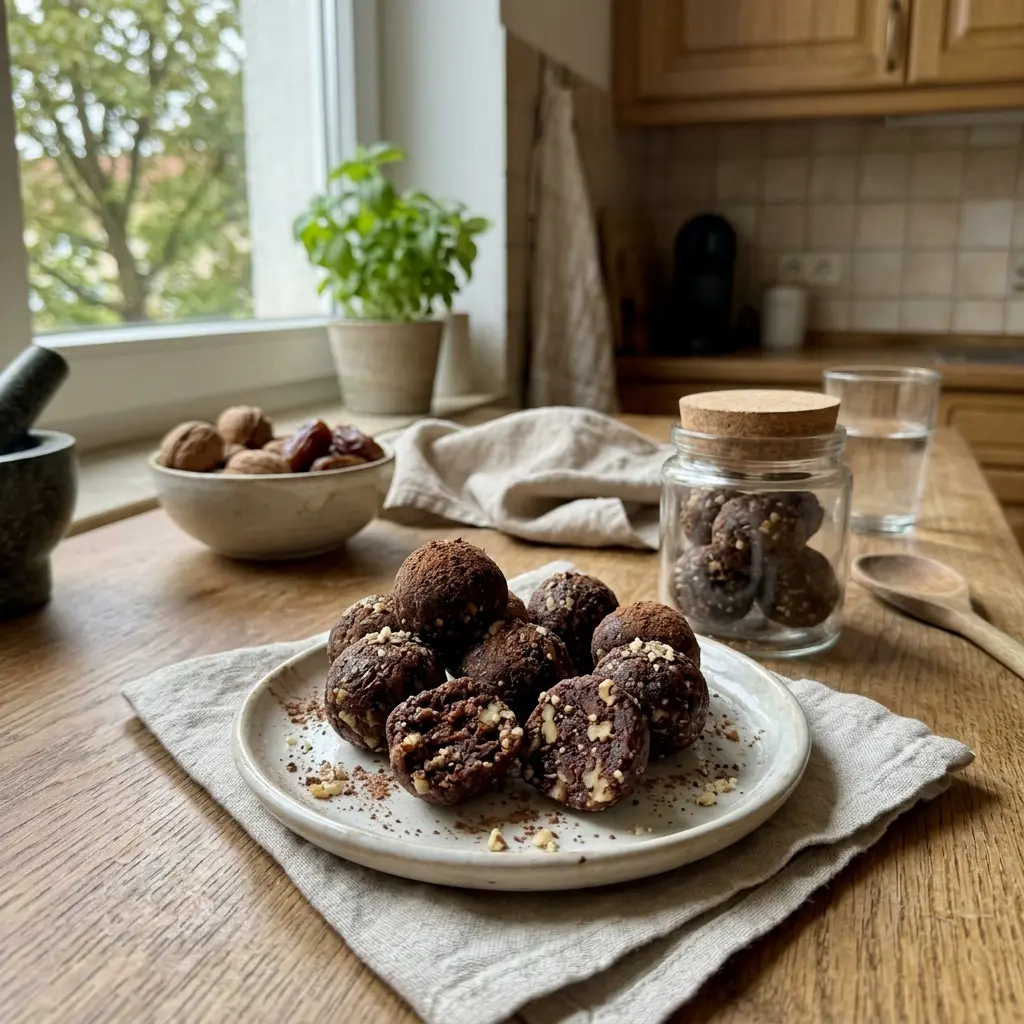 KI-generiertes Symbolbild: Vegane Dattel-Walnuss-Energy-Balls mit Kakao