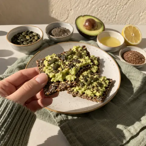 KI-generiertes Symbolbild: Rezept für Veganes Dunkles Chia-Saaten-Knäckebrot mit Avocado-Dip