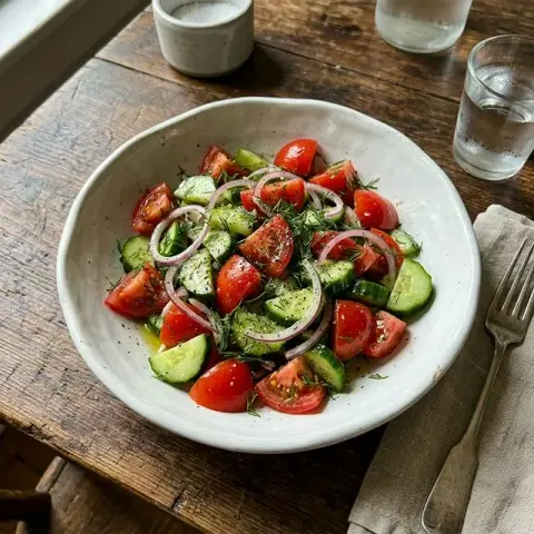 KI-generiertes Symbolbild: Rezept für Einfacher Gurken-Tomaten-Salat mit Dill