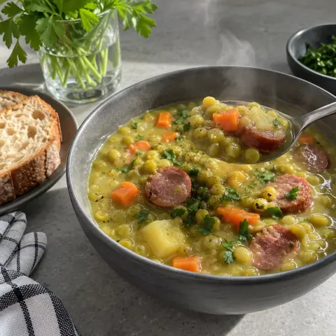 KI-generiertes Symbolbild: Mittagessen und Familienfreundlich Rezept für Erbsensuppe ohne Schweinefleisch mit Rindswürstchen