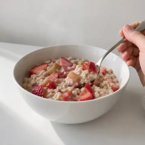 KI-generiertes Symbolbild: Rezept für Erdbeer-Rhabarber-Porridge
