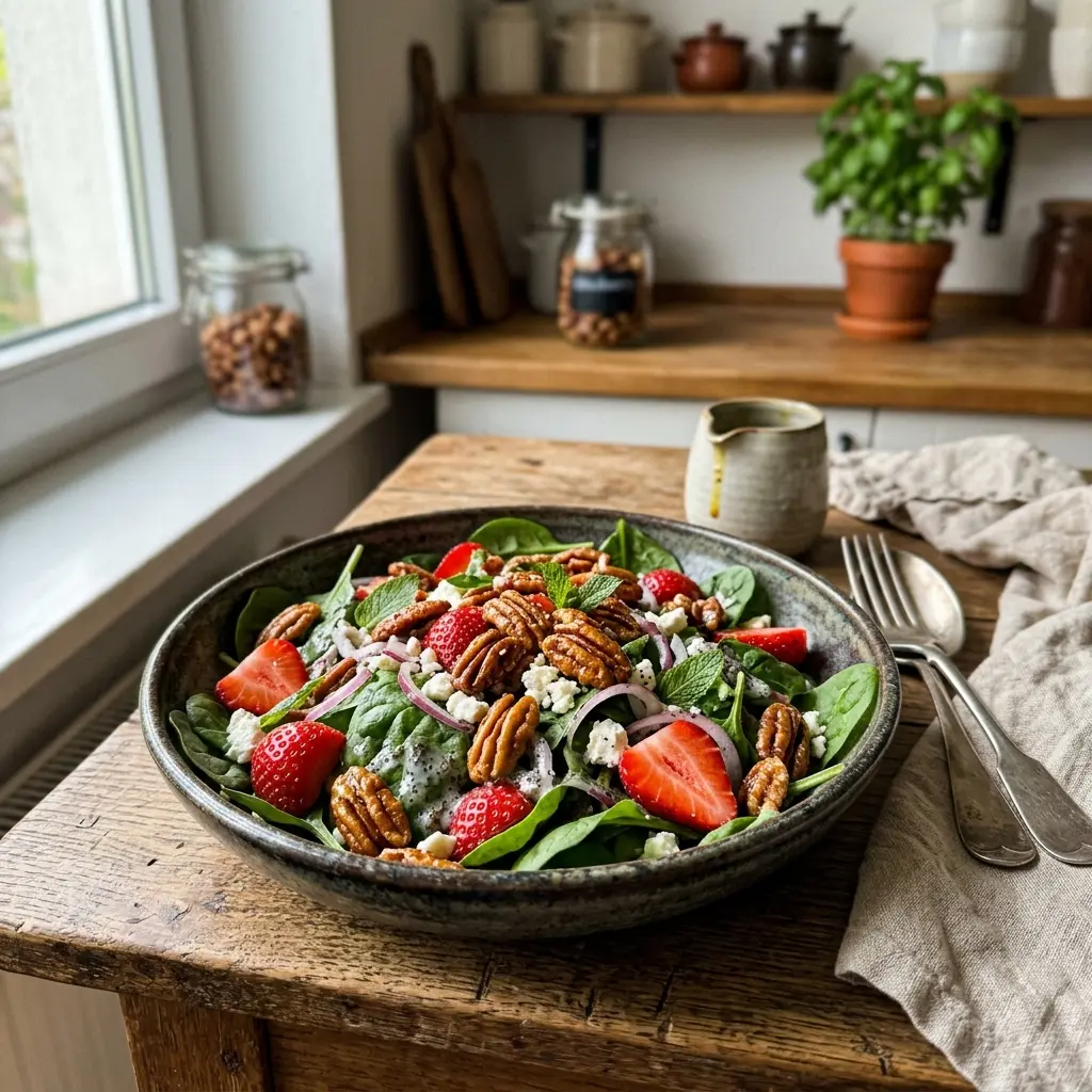 KI-generiertes Symbolbild: Low-Carb Erdbeer-Spinat-Salat mit karamellisierten Pekannüssen