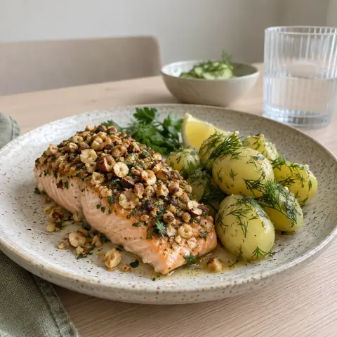 KI-generiertes Symbolbild: Abendessen und FODMAP Rezept für Festlicher Lachs mit Haselnusskruste und Dillkartoffeln