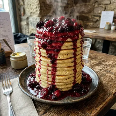 KI-generiertes Symbolbild: Rezept für Fluffige Protein-Pancakes mit heißen Beeren