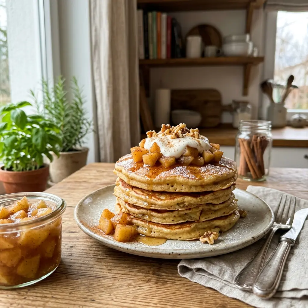 KI-generiertes Symbolbild: High-Protein Apfel-Zimt-Pancakes