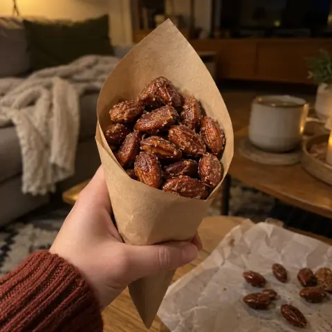 KI-generiertes Symbolbild: Snacks und Kuhmilchfrei Rezept für Gebrannte Mandeln aus dem Airfryer mit Honig und Zimt