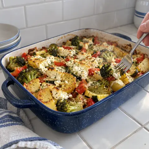 KI-generiertes Symbolbild: Rezept für Gemüseauflauf mit Kartoffeln und Feta