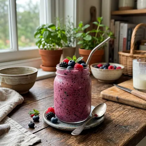 KI-generiertes Symbolbild: Rezept für Glutenfreier Blaubeer-Kefir-Smoothie mit Leinsamen