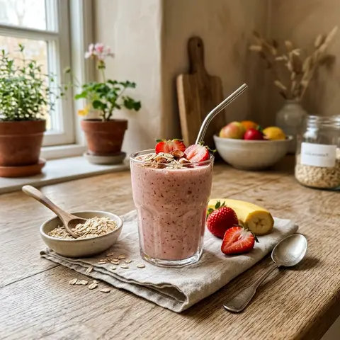 KI-generiertes Symbolbild: Rezept für Glutenfreie Erdbeer-Banane-Protein-Shake mit Haferflocken