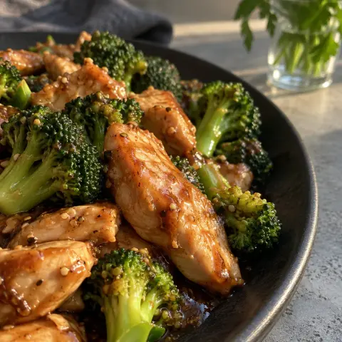 KI-generiertes Symbolbild: Rezept für Glutenfreie Hähnchen-Brokkoli-Pfanne mit Soja-Sesam-Sauce