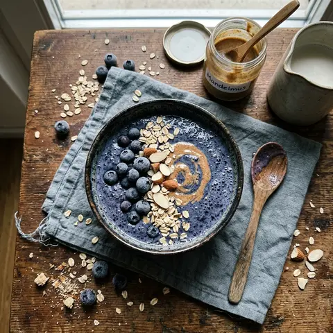 KI-generiertes Symbolbild: Rezept für Glutenfreier Blaubeer-Mandel-Smoothie
