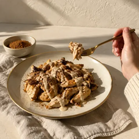 KI-generiertes Symbolbild: Rezept für Glutenfreier Hähnchen-Shawarma-Teller mit Tahini