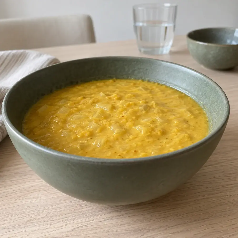 KI-generiertes Symbolbild: Vegane Kurkuma-Linsen-Kokos-Suppe