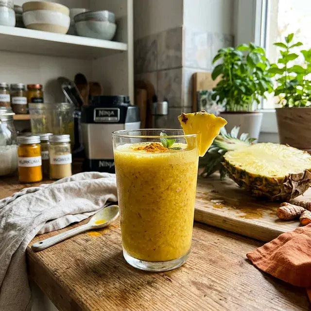 KI-generiertes Symbolbild: Veganer goldener Kurkuma-Ananas-Smoothie