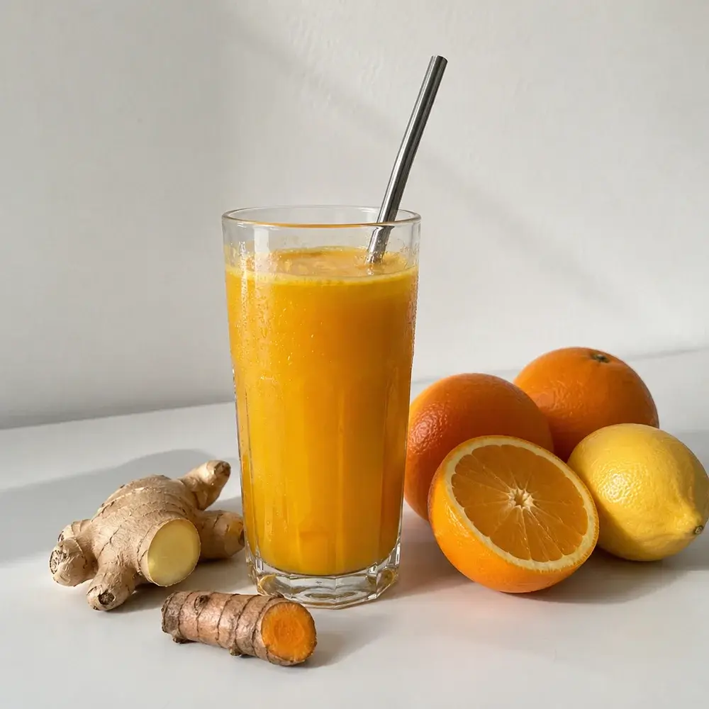 KI-generiertes Symbolbild: Veganer Kurkuma-Ingwer-Saft mit Orange